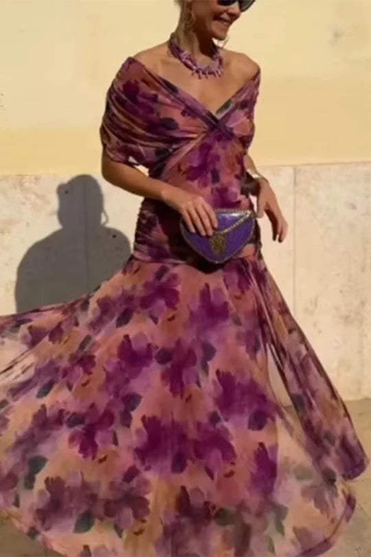Florendra | Long Floral V Neck Dress