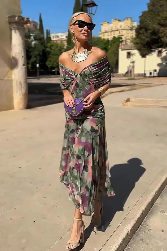 Florendra | Long Floral V Neck Dress