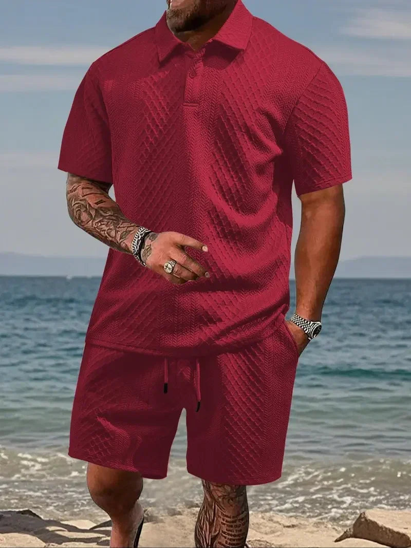 Men's Two-Piece Summer Outfit: Solid Polo & Drawstring Shorts, Cozy Breathable for Daily Wear