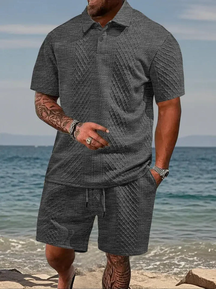Men's Two-Piece Summer Outfit: Solid Polo & Drawstring Shorts, Cozy Breathable for Daily Wear